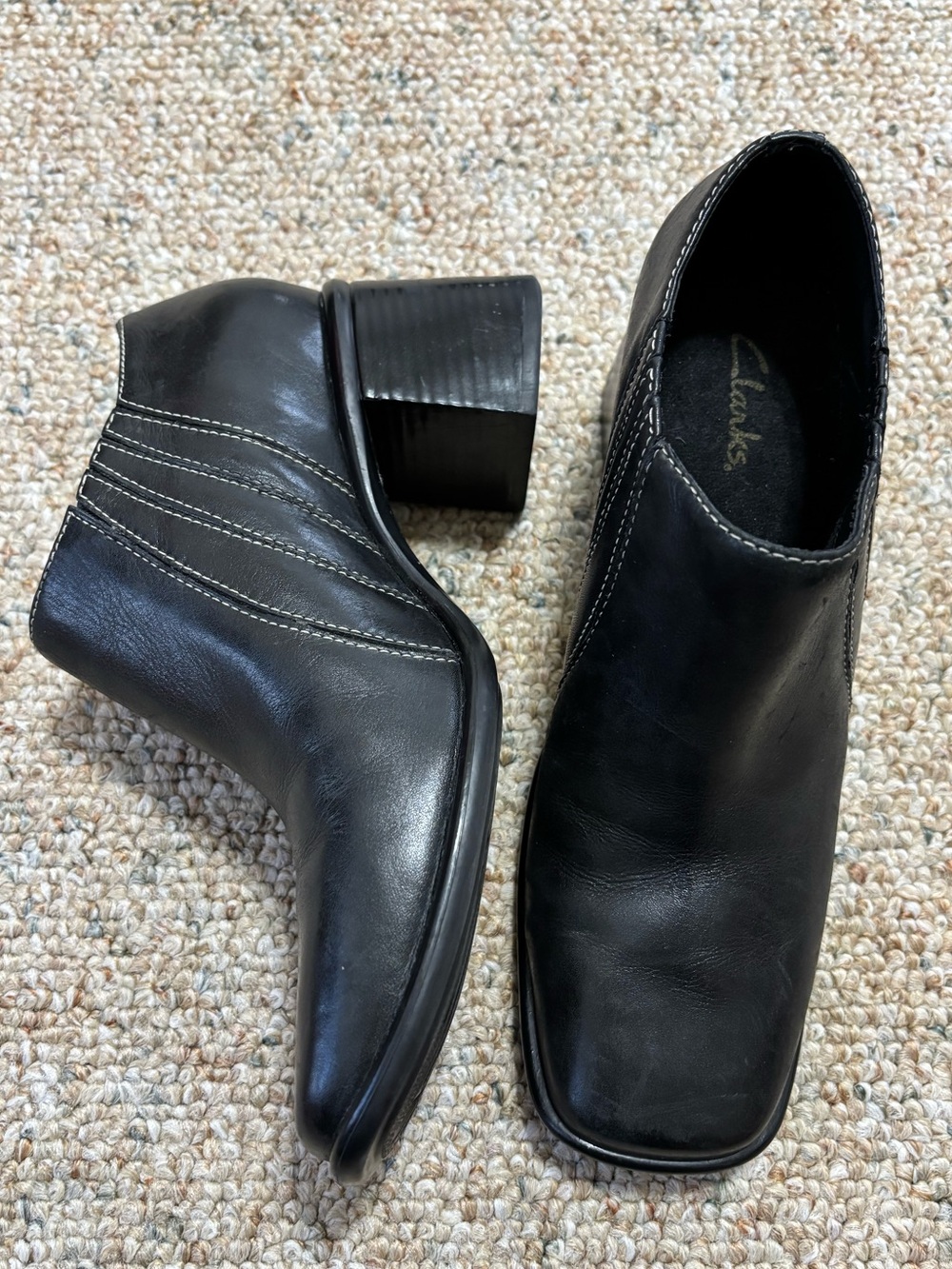 Clarks Black Leather Block Heel Ankle Boots